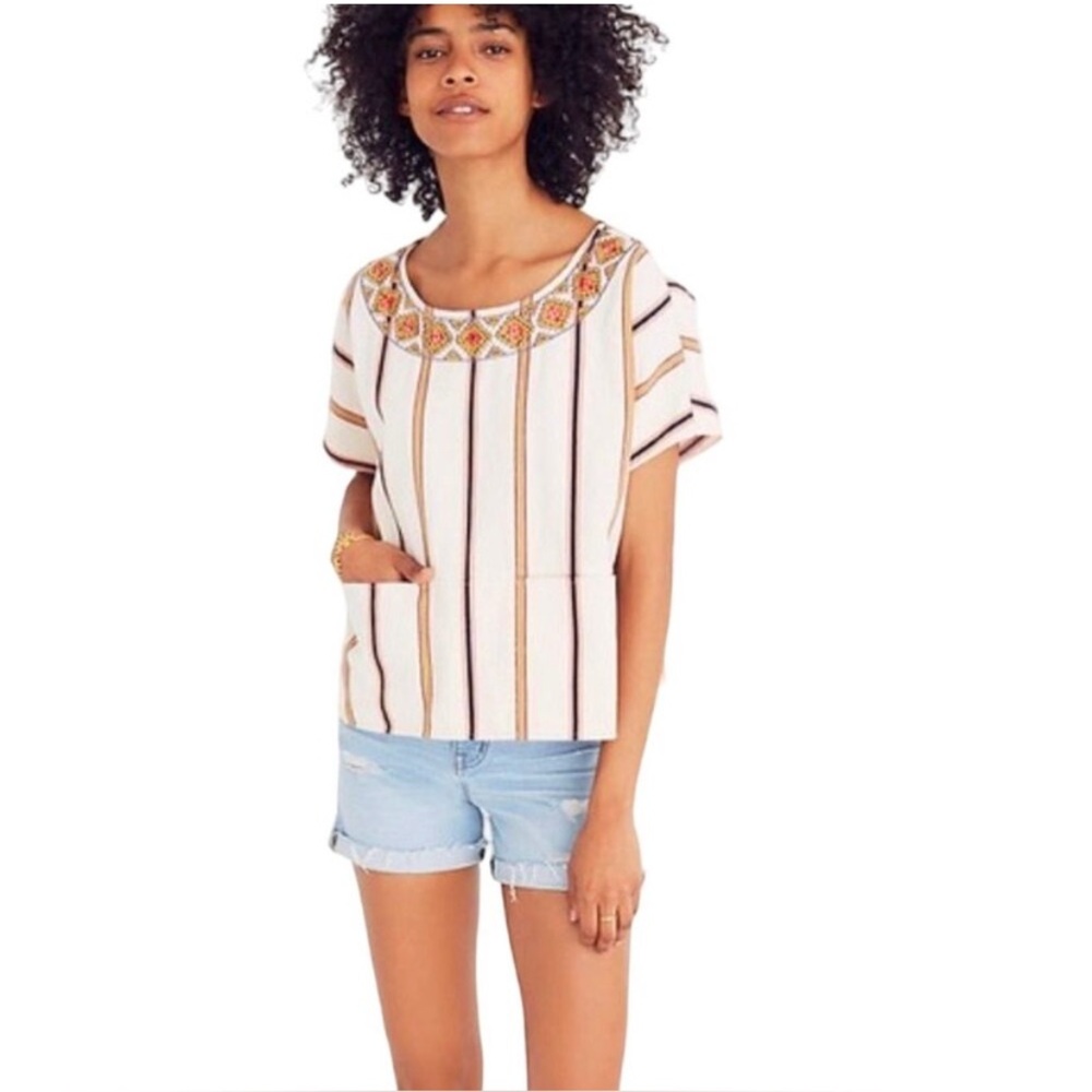 Madewell Embroidered Boxy Striped Short Sleeve Crop Top Striped Cream Small